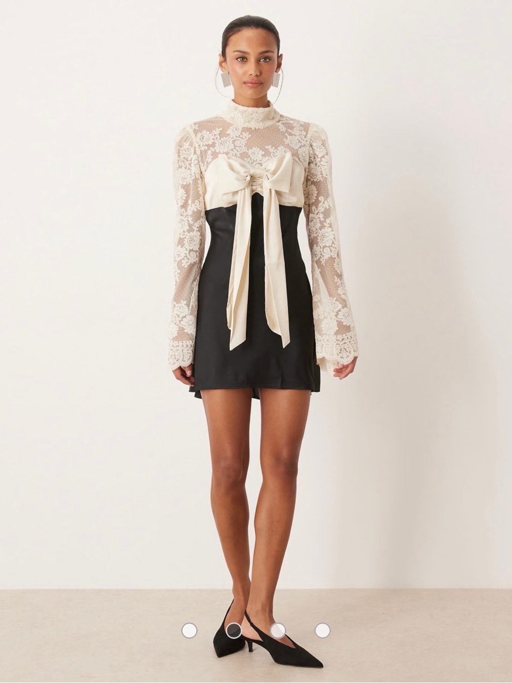 For Love and Lemons - Lace Contrast Bow Front Mini Dress - Cream & Black Large - Picture 2 of 9